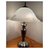 LLR - Table Lamp With Frosted Glass Shade - 20" High, Metal Base, Wood-Toned Column