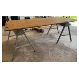 G - Two Metal Sawhorses with Wooden Top - 81 in x 38 in x 29 in Garage Work Table