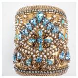 Gold-Plated Cuff Bracelet with Turquoise Teardrops and Blue Crystals