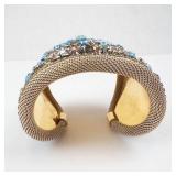 Gold-Plated Cuff Bracelet with Turquoise Teardrops and Blue Crystals