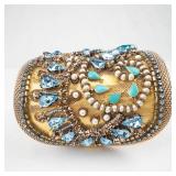 Gold-Plated Cuff Bracelet with Turquoise Teardrops and Blue Crystals