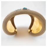 Gold-Plated Cuff Bracelet with Turquoise Teardrops and Blue Crystals