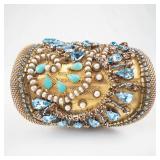 Gold-Plated Cuff Bracelet with Turquoise Teardrops and Blue Crystals