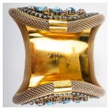Gold-Plated Cuff Bracelet with Turquoise Teardrops and Blue Crystals