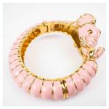 Kenneth Jay Lone Pink Elephant Motif Enamel Bangle Bracelet with Rhinestone Accents - Gold-Tone