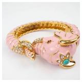 Kenneth Jay Lone Pink Elephant Motif Enamel Bangle Bracelet with Rhinestone Accents - Gold-Tone