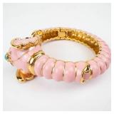 Kenneth Jay Lone Pink Elephant Motif Enamel Bangle Bracelet with Rhinestone Accents - Gold-Tone
