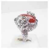 John Hardy Leopard Jade Ring 925 Sterling Silver with 14K Gold Accents - Cabochon Stone. Size 8