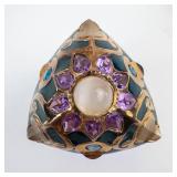 Moonstone Amethyst Blue Topaz Vermeil Ring with Green Enamel - Size 8 - Thailand 925