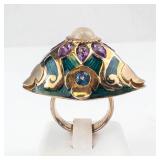 Moonstone Amethyst Blue Topaz Vermeil Ring with Green Enamel - Size 8 - Thailand 925