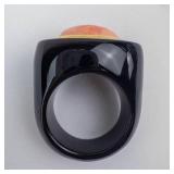 GSU 10K Yellow Gold Ring with Coral Cabochon - Onyx? Cocktail Ring
