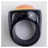 GSU 10K Yellow Gold Ring with Coral Cabochon - Onyx? Cocktail Ring