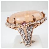 Two-Tone Sterling Silver Topaz Cabochon Ring with Filigree Gallery and Accent Gems - Size 8