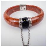 Jade & Onyx Face Hinged Sterling Silver Bangle - 57mm Inner Diameter