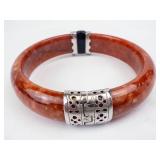 Jade & Onyx Face Hinged Sterling Silver Bangle - 57mm Inner Diameter