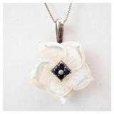 Lee Sands Sterling Silver Flower Pendant Necklace with Mother of Pearl Blossom & Black Center