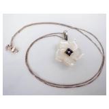 Lee Sands Sterling Silver Flower Pendant Necklace with Mother of Pearl Blossom & Black Center