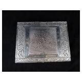 Ornate Metal Jewelry Box with Tree Motif and Mirror- Embossed Borders & Velvet Interior 9"