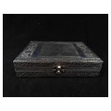 Ornate Metal Jewelry Box with Tree Motif and Mirror- Embossed Borders & Velvet Interior 9"