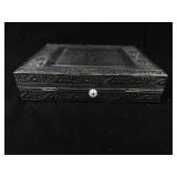 Ornate Metal Jewelry Box with Tree Motif and Mirror- Embossed Borders & Velvet Interior 9"