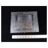 Ornate Metal Jewelry Box with Tree Motif and Mirror- Embossed Borders & Velvet Interior 9"
