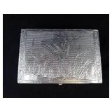 Silver-Tone Trinket Box - Crane in Reeds Engraved Pattern with Blue Velvet Interior