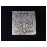 Elephant Motif Silver-Tone Trinket Box - Embossed Lid, Red Velvet Interior, 3.5 Inch Square