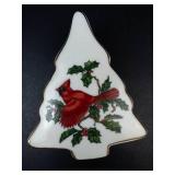 Lefton China Hand Painted Christmas Tree Trinket Box with Cardinal & Holly - Made in Japan