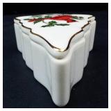 Lefton China Hand Painted Christmas Tree Trinket Box with Cardinal & Holly - Made in Japan