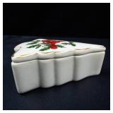 Lefton China Hand Painted Christmas Tree Trinket Box with Cardinal & Holly - Made in Japan