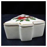 Lefton China Hand Painted Christmas Tree Trinket Box with Cardinal & Holly - Made in Japan