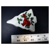 Lefton China Hand Painted Christmas Tree Trinket Box with Cardinal & Holly - Made in Japan