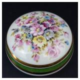 Limoges France Porcelaine Floral Lidded Trinket Box - Gold Rim & Green Band
