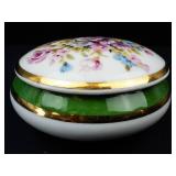 Limoges France Porcelaine Floral Lidded Trinket Box - Gold Rim & Green Band