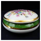 Limoges France Porcelaine Floral Lidded Trinket Box - Gold Rim & Green Band