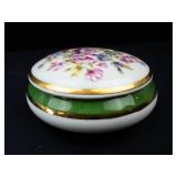 Limoges France Porcelaine Floral Lidded Trinket Box - Gold Rim & Green Band