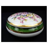Limoges France Porcelaine Floral Lidded Trinket Box - Gold Rim & Green Band