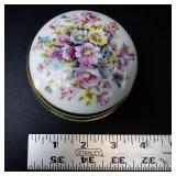 Limoges France Porcelaine Floral Lidded Trinket Box - Gold Rim & Green Band