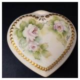 McNees Heart Shaped Porcelain Trinket Box - Hand Painted Roses & Gold Beaded Border