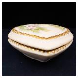 McNees Heart Shaped Porcelain Trinket Box - Hand Painted Roses & Gold Beaded Border
