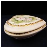 McNees Heart Shaped Porcelain Trinket Box - Hand Painted Roses & Gold Beaded Border