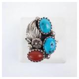 Turquoise & Coral Sterling Ring Co. Three-Stone Ring - Size 5.75