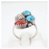 Turquoise & Coral Sterling Ring Co. Three-Stone Ring - Size 5.75