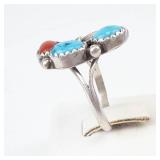 Turquoise & Coral Sterling Ring Co. Three-Stone Ring - Size 5.75