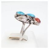 Turquoise & Coral Sterling Ring Co. Three-Stone Ring - Size 5.75