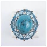 Sterling Silver Turquoise Cabochon Ring with Blue Topaz Halo and White Sapphire Accents - Size 8