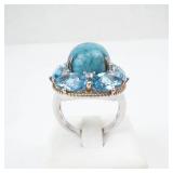 Sterling Silver Turquoise Cabochon Ring with Blue Topaz Halo and White Sapphire Accents - Size 8