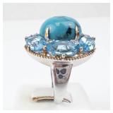 Sterling Silver Turquoise Cabochon Ring with Blue Topaz Halo and White Sapphire Accents - Size 8