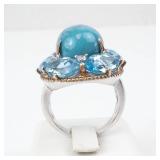 Sterling Silver Turquoise Cabochon Ring with Blue Topaz Halo and White Sapphire Accents - Size 8