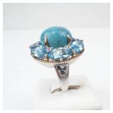 Sterling Silver Turquoise Cabochon Ring with Blue Topaz Halo and White Sapphire Accents - Size 8